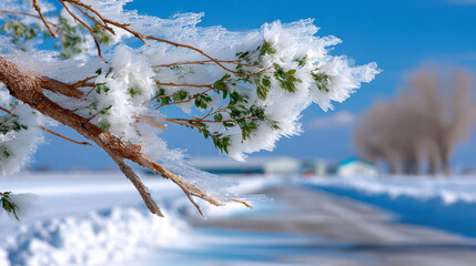Snow-covered branches with ice in a windy snowstorm over a countryside field with bright blue sky.