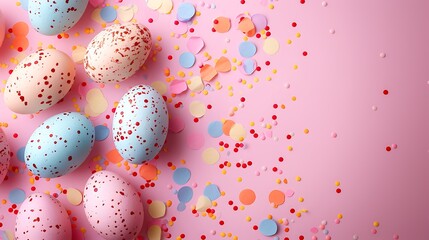 Pastel easter eggs and confetti on a pink background