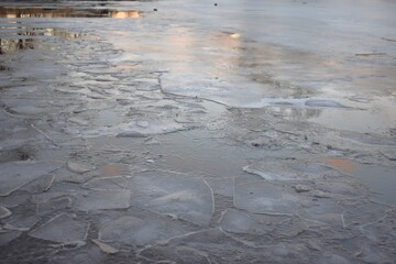 broken ice on the river in the winter, closeup of photo
