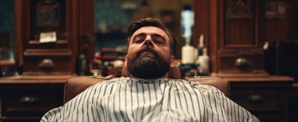 The bearded man reclining in a vintage barbershop chair during a grooming session