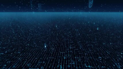 Blue grid-like data landscape with distant code elements, creating a digital and abstract scene - Powered by Adobe