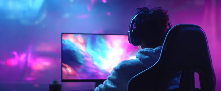 The Gamer at a Neon Gaming PC Setup Immersed in Vibrant RGB Lights - Powered by Adobe