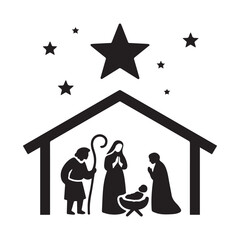  Black Silhouette Vector of Christmas Nativity Scene with Manger and Star.