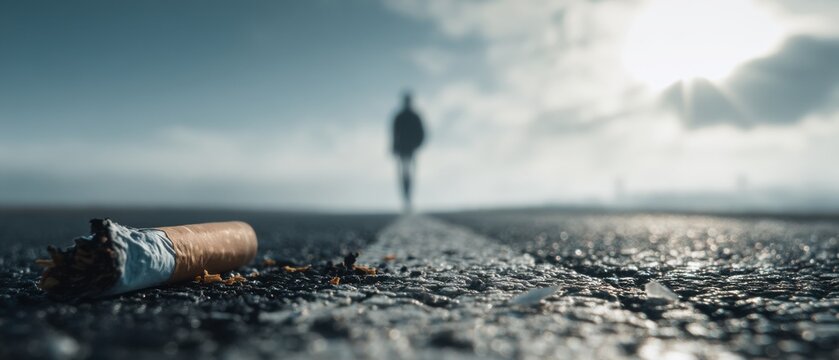 Discarded cigarette butt on road, person walking in background