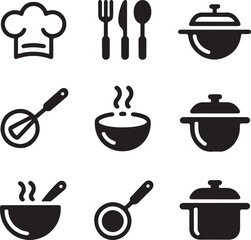 Cookware icons, chef hat, cooking pot, frying pan, soup bowl, cutlery fork
