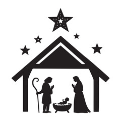  Black Silhouette Vector of Christmas Nativity Scene with Manger and Star.