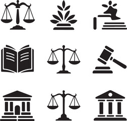 Law icons, justice scale, court hammer, legal book, courthouse building, judge gavel