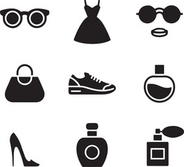 Fashion icons, sunglasses eyewear, elegant dress, sneaker shoe, handbag purse, perfume bottle