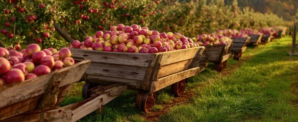 The wooden carts filled with ripe apples in a sunlit autumn orchard