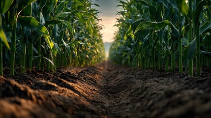 Obraz premium Dirt path leading through tall green cornfield with vanishing point perspective and golden hour lighting showing agricultural abundance view.