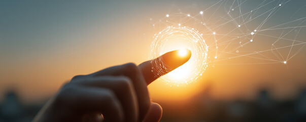 Hand of businessman touching circle global network connection and data exchanges on sunset background, Business networking with customer, Science, Innovation, Communication and technology concept