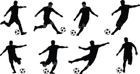 Football Soccer Player Vector Silhouettes Set Showing Different Kicking, Dribbling, and Shooting Poses for Sport, Tournament, and Game Logos.