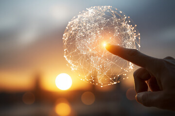 Hand of businessman touching circle global network connection and data exchanges on sunset background, Business networking with customer, Science, Innovation, Communication and technology concept