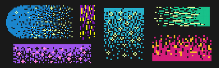 Retro color pixel patterns set isolated on black background. Vector illustration of colorful dot mosaic textures with glitch, fade effect, geometric 8-bit floral design, y2k halftone gradient elements