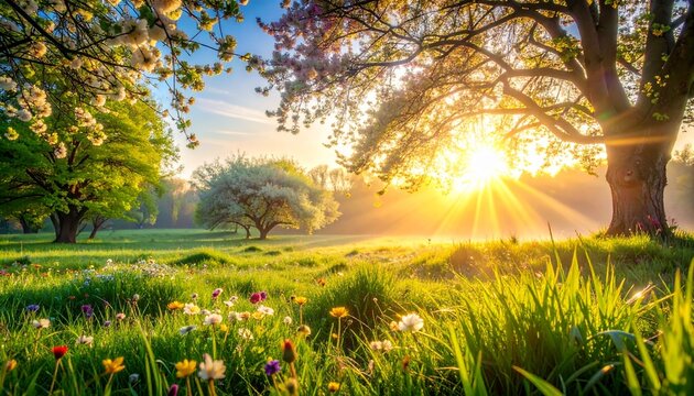Vibrant Spring Landscape with Fresh Green Grass and Dew under Ethereal Morning Sunlight