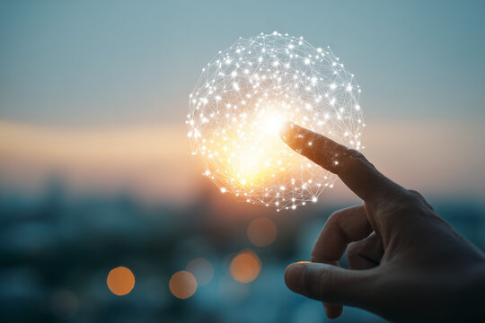 Hand of businessman touching circle global network connection and data exchanges on sunset background, Business networking with customer, Science, Innovation, Communication and technology concept