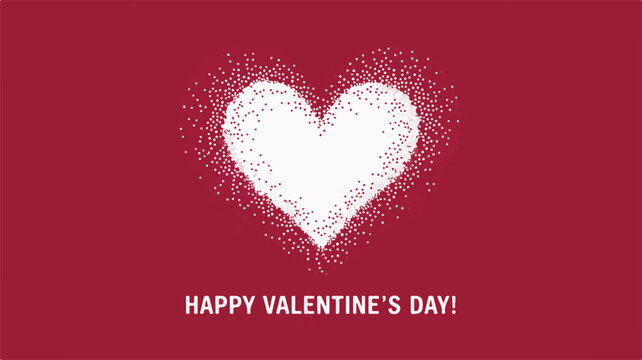 White heart shape made of scattered dots on a deep red background with Happy Valentine's Day text love