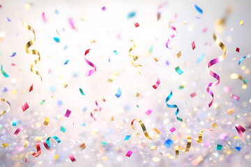 A celebratory background with colorful confetti and ribbons falling on a blurred background scene