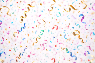 A festive display of colorful confetti and ribbons scattered against a white background creating celebration