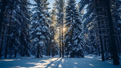 Winter sunlight streaming through snowy forest trees