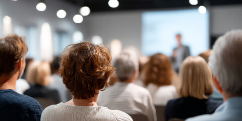 Audience listening attentively to a speaker during a professional seminar or conference in a modern meeting room