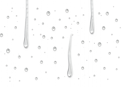Isolated illustration of water droplets and streaks on a black background with white highlights