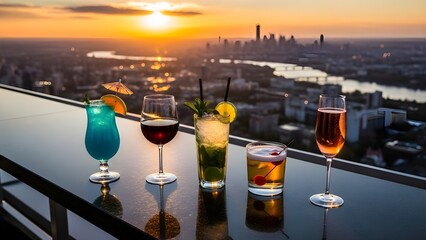 A beautiful sunset view with various cocktails on a rooftop bar, overlooking a city.