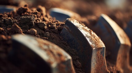 Close-Up of Tire Treads Imprinted on Rich Soil Showcasing Details of Earth and Machinery Interaction