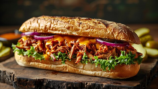 Hearty pulled pork sandwich with fresh lettuce and red onion
