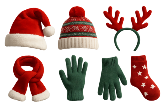 Png set of christmas apparel and accessories featuring santa hats, festive headbands, cozy gloves, scarf, and stocking isolated on transparent background. concept of holiday clothing, winter decor