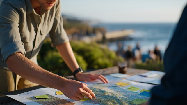 A community workshop where planners, residents, and architects gather around colorful maps, placing stickers and notes to co-create neighborhood improvements &mdash; participatory urban planning,