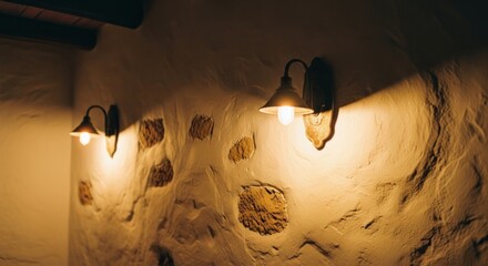 Rustic wall sconces illuminate a textured stone wall with warm ambient light.