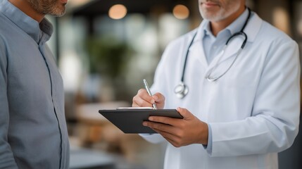 A doctor using a non-invasive digital stethoscope to monitor a patient’s heartbeat, the sleek device transmitting real-time data to a tablet in a calm, softly lit clinic — modern diagnostics,