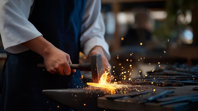A traditional metalworker forging patterned Damascus steel in a dim workshop, sparks flying as layered metal reveals ancient techniques &mdash; heritage metallurgy, ancestral craftsmanship, and slow-made