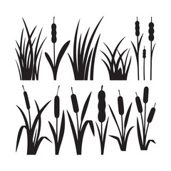 Black Silhouette Vector Set Grass Clumps, Reeds, and Cattail Plants for Design. 