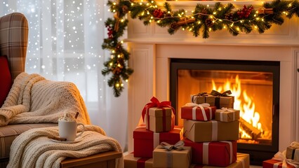 Cozy Christmas living room with a warm fireplace, wrapped gifts, and a comfortable armchair.
