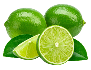 Green limes with half slice and green leaves isolated on background, fresh citrus sum