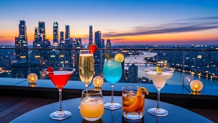 Assortment of vibrant cocktails on a rooftop bar overlooking a stunning city skyline at sunset.