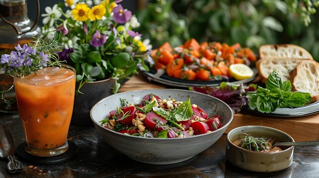 Vibrant summer salad and refreshing drink on a table