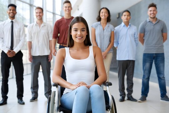 Diverse Team Supporting Woman in Wheelchair - Inclusive Workplace