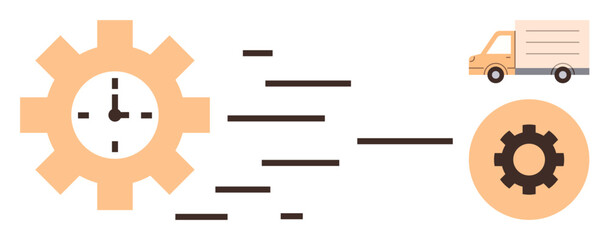 Gear clock with moving lines conveying speed, delivery truck, smaller gear icon. Ideal for time management, logistics, efficiency, supply chain, productivity organization workflow. Simple flat