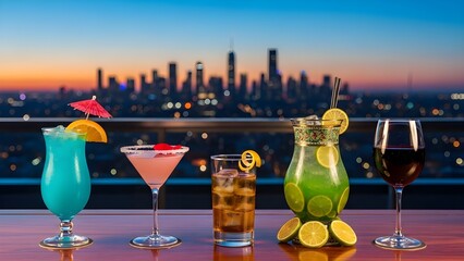 A variety of colorful cocktails and wine on a rooftop bar overlooking a city skyline at sunset.