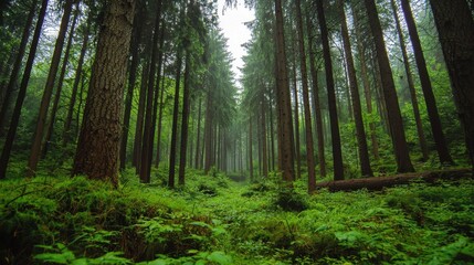 Obraz premium Lush Green Forest with Tall Trees and Foggy Atmosphere in Nature