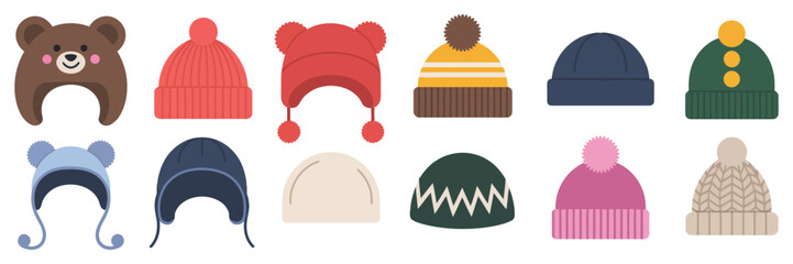 Winter hats set featuring modern wool caps and knitted beanies, stylish warm head accessories for cold weather, cozy knitwear, flat vector fashion illustrations.