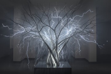 Abstract illuminated tree sculpture with delicate branches and glowing light strands creating a magical ethereal atmosphere