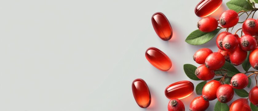 Red softgel capsules with fresh berries on light background