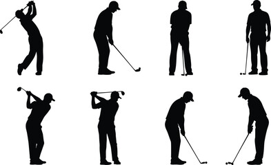 Obraz premium Professional Golf Player Silhouette Vector Set Showing Swing, Driving, Putting, and Standing Poses for Sport, Course, Logo, and Game Graphics.