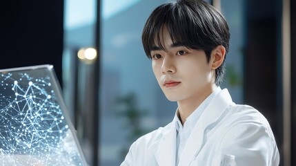 Young Scientist Analyzing Data on Transparent Screen in Laboratory