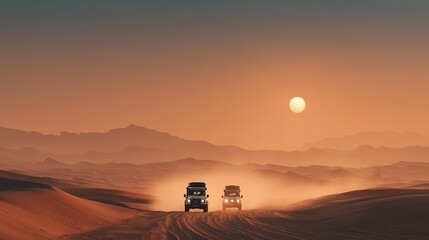 Obraz premium Two vehicles traverse a dusty desert landscape at sunset, capturing an adventurous spirit against the backdrop of warm colors.