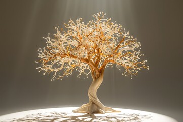 Illuminated wire tree sculpture with twisted trunk and delicate leafy canopy